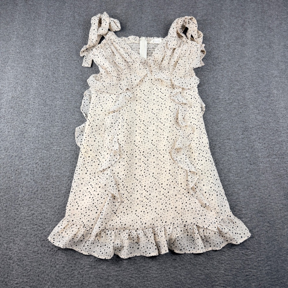 Storia Star Print Ruffle Mini Dress Small Cream Black‎ Tie Shoulder Smocked Back